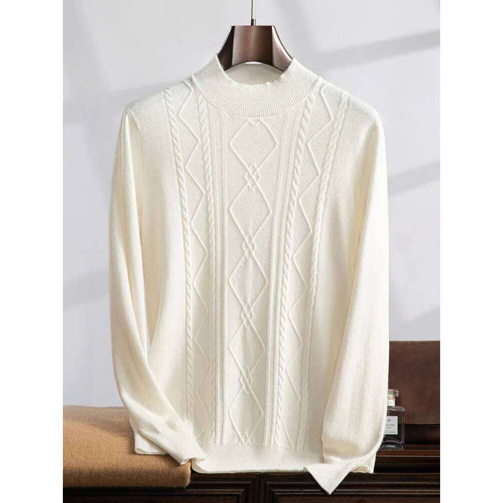 High-End Men 100% Sweater Twist Flower Mock-Neck Pullover Autumn Winter Cashmere Knitwear Long Sleeve Smart Casual Tops
