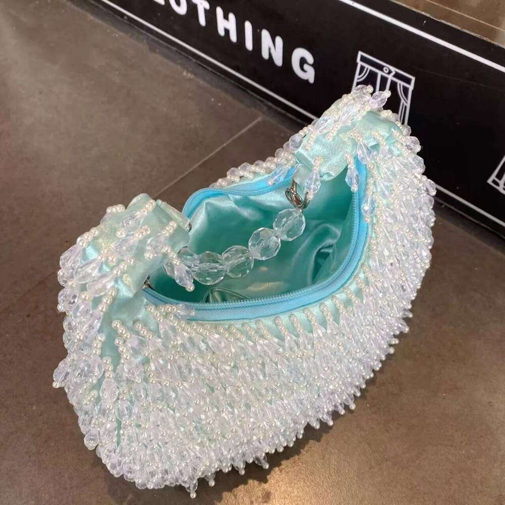 FIRMRANCH Summer Fresh Sweet Light Blue Handmade Beaded Fringe Design Elegant Lady's Dinner Bag Chic Evening Dress Purse Hobostote bagluxury bag