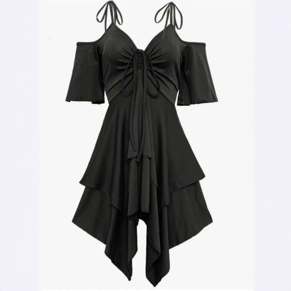 Spring Summer New Women's Street Fashion V-Neck Cold Shoulder Short Sleeve Casual Plus Size Tie Dress B5