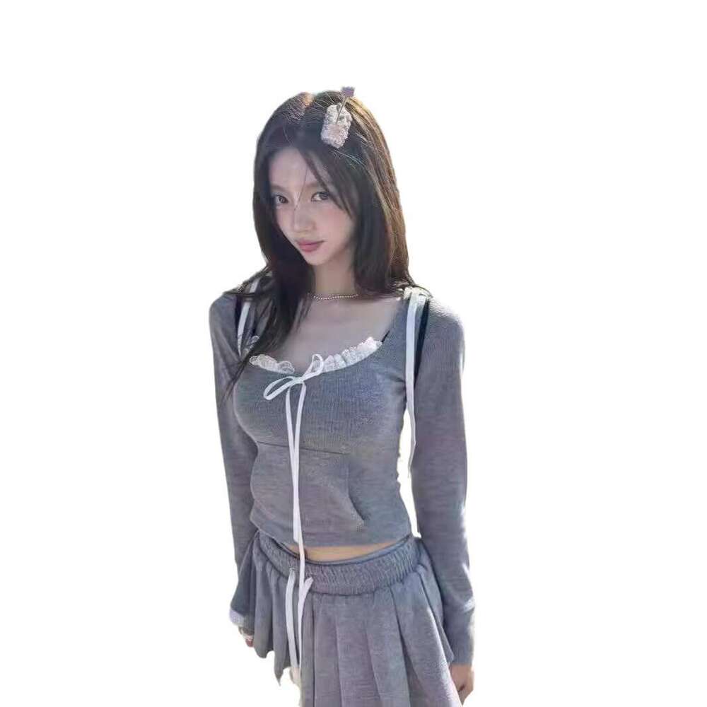 Jennie Zhao Meiyan Same Style Gray Pleated Low Waist Pants Lace Top Sexy Hot Girl Half Skirt Set For Women B5