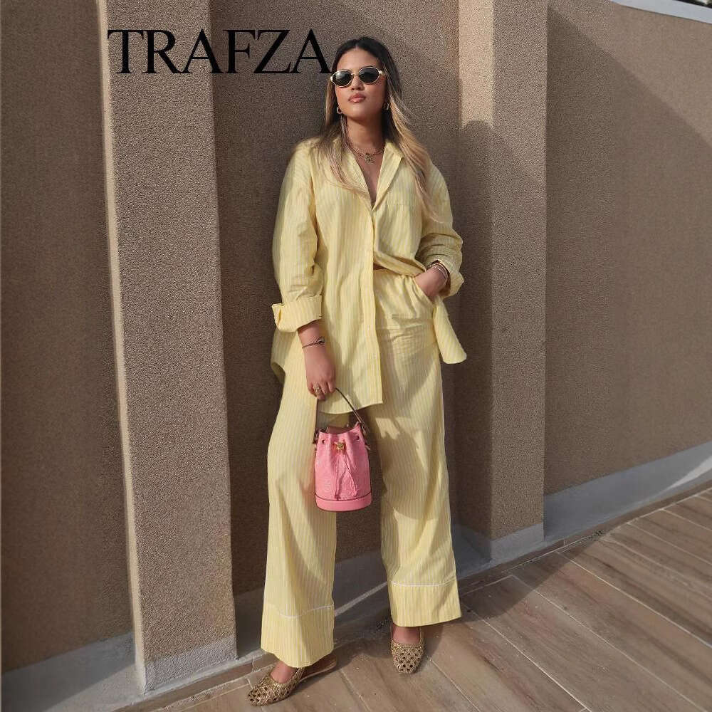 TRAFZA American Spring Summer New Striped Loose Shirt Pajama Style Long Pants Set B5