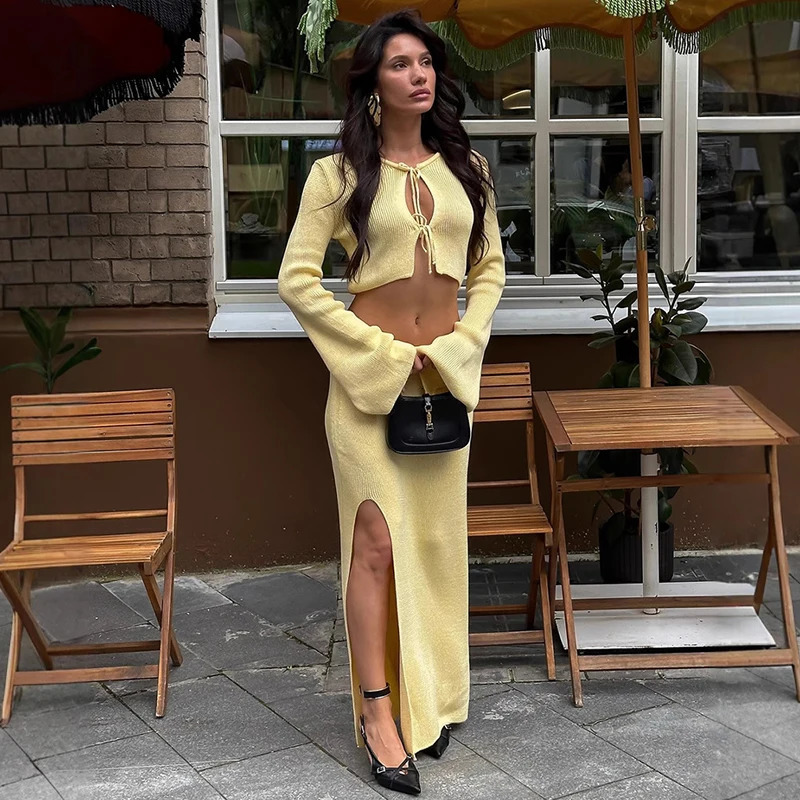 Tornova Knitted Long Skirt Suit Female Lace Up Flare Sleeve Cardigan Sweater Split High Waist Skirts Womens Dress Sets 250714