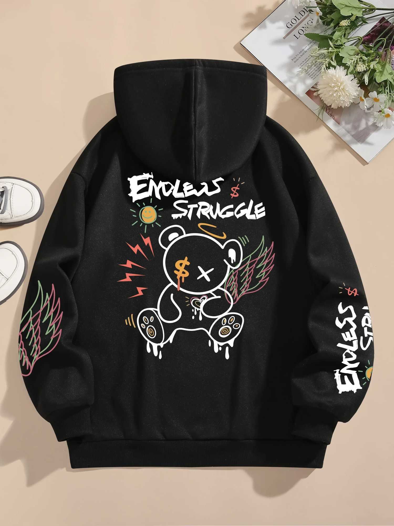 Street Mens and Womens Sweatshirts Endless Struggle Graffiti Bear Printed Hoodie Loose Pullover Sweatshirt Casual XJ250714