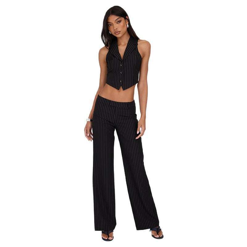Commuting Style Striped Suit Elegant V-Neck Sleeveless Vest Loose Straight-Leg Pants Two-Piece Set B5 g7