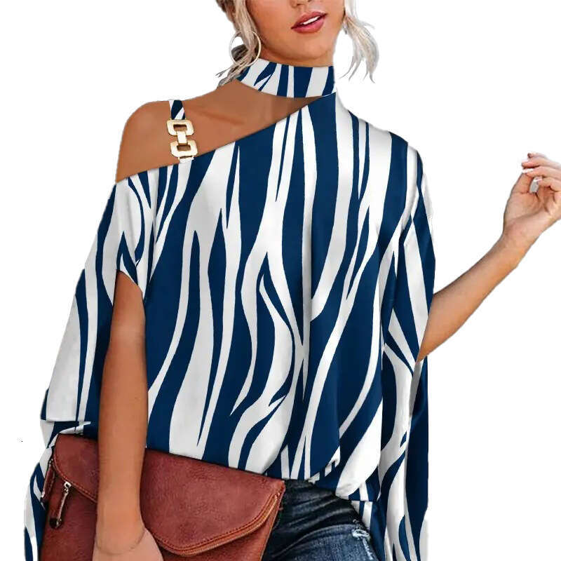 Summer Loose Women's Halter Neck Printed Elegant Short Sleeve Batwing Blouse B5