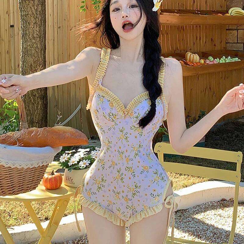 Korean Floral One Piece Soft Cup Cover Up Long Sleeve Hot Spring Spa Bikini Style Swimsuit for Women Slim Swimsuit