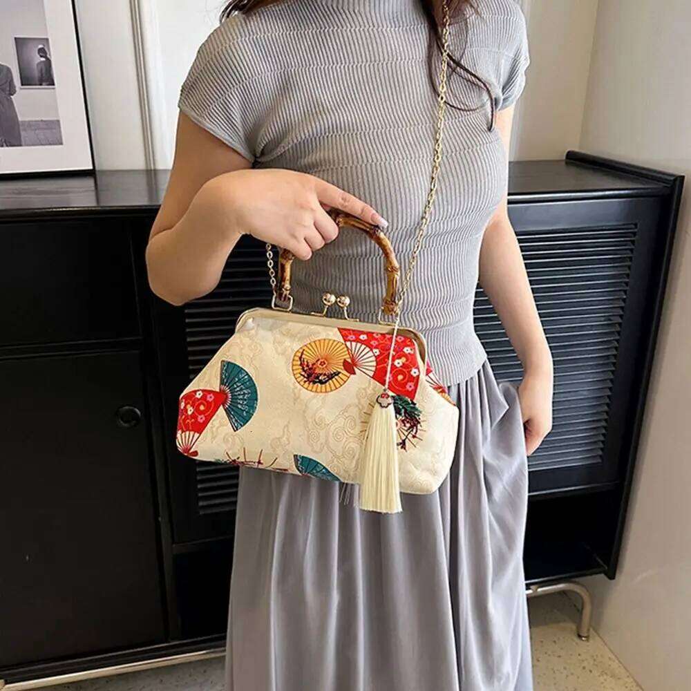 Rattan Handle Evening Clutch Red Crowned Crane Print Tassel Chain Shoulder Bags Crossbody Bag For Women Bride Wedding