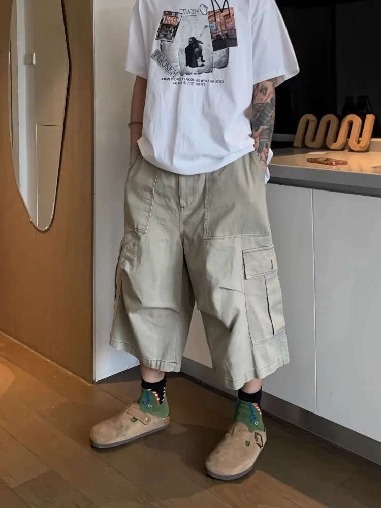 HOUZHOU Vintage Cargo Short Oversized Y2k Grunge Cropped Pants Wide Leg Hip Hop Style Streetwear Baggy Pockets Pant 250714