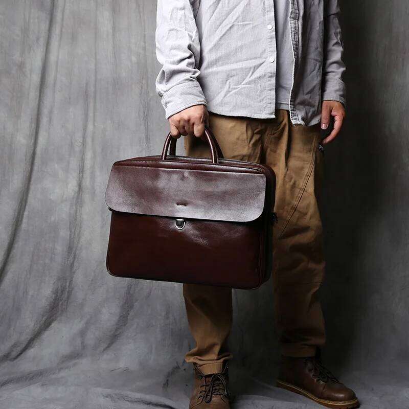 NZPJ Genuine Leather Men's Briefcase Vintage Natural Cowhide Handbag Large Capacity Crossbody Casual Fashion Computer Bag MDNG
