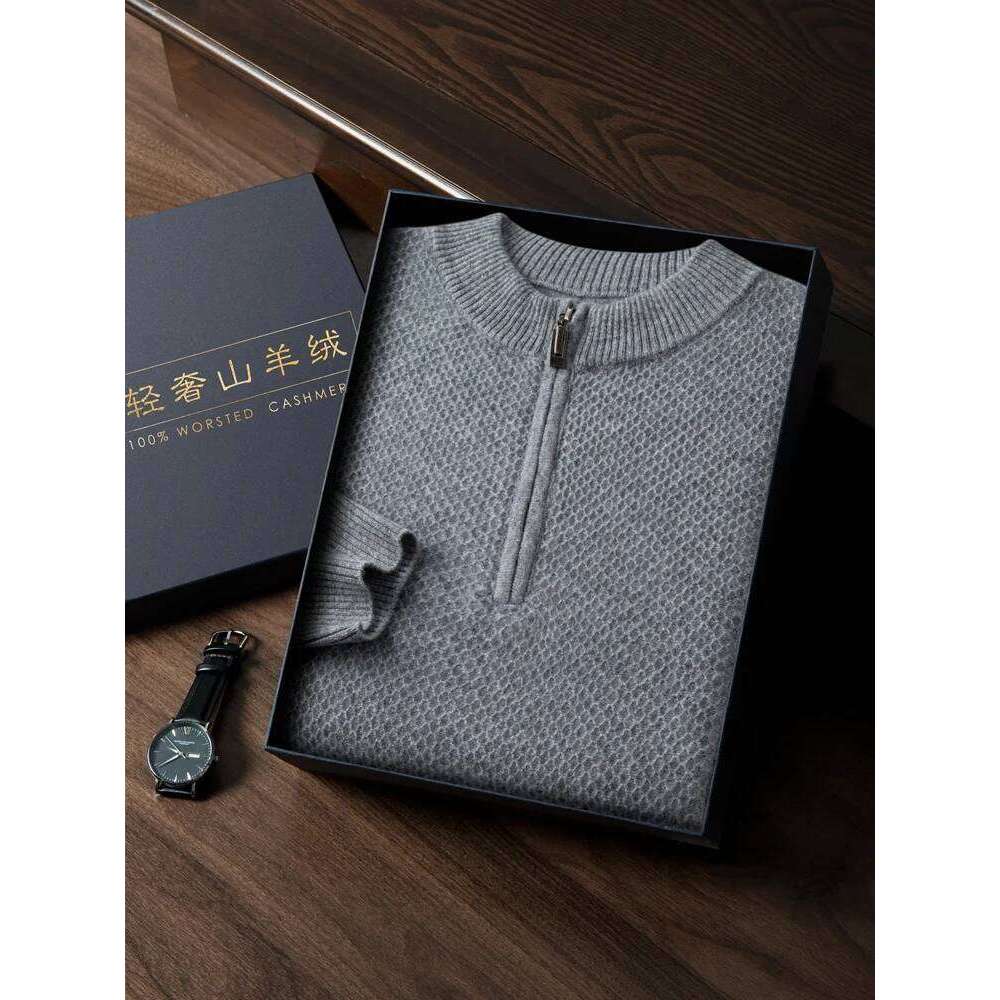 New Men's 100% Goat Cashmere Sweaters O-Neck Half Zipper Pullovers Autumn Winter Light Men Large Size Knitwear Jumpers