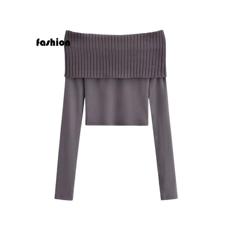 American Style Spicy Girl Sexy Off-Shoulder Knitted Patchwork Cuffed Long Sleeve T-Shirt Ultra Short Crop Top B5 g7