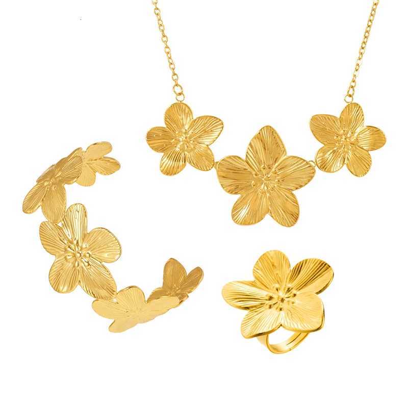 Vintage Flower Shaped Jewelry Sets Wen Choker Necklace Cuff Bracelet Stud Earrings Adjustable Rings Gold Silver Color Jewelry X250718