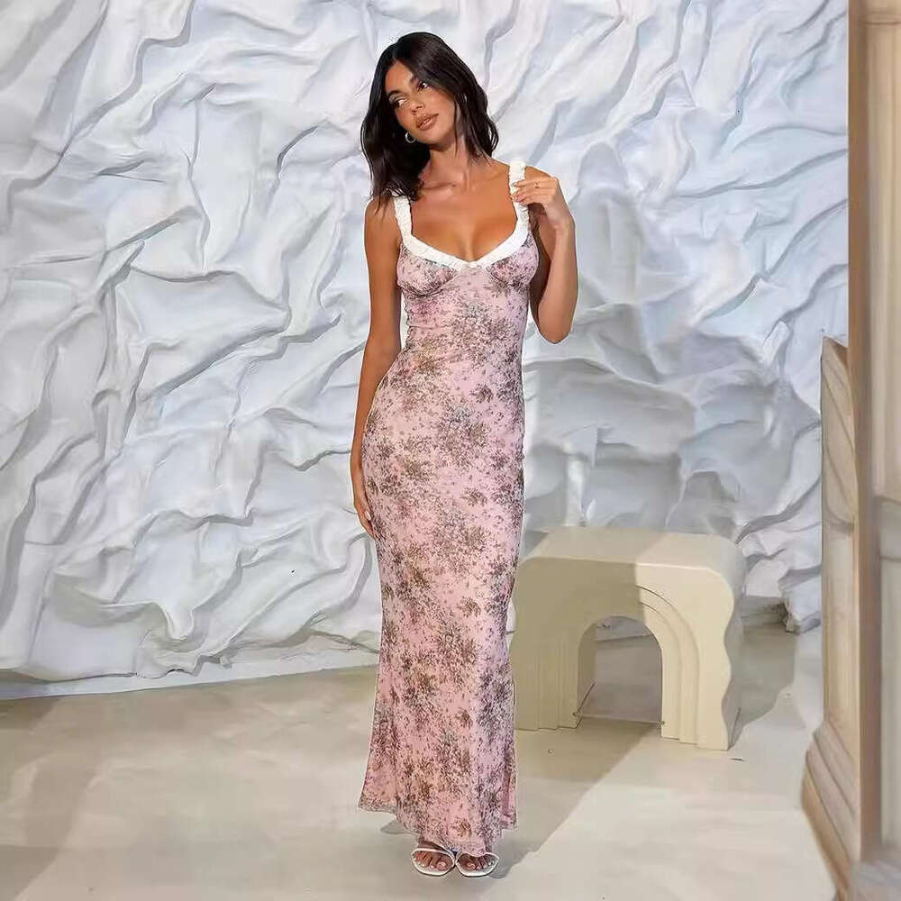 French Floral V-Neck Ruched Strap Slim Fit For Women Early Spring New Beach Vacation Long Dress B5