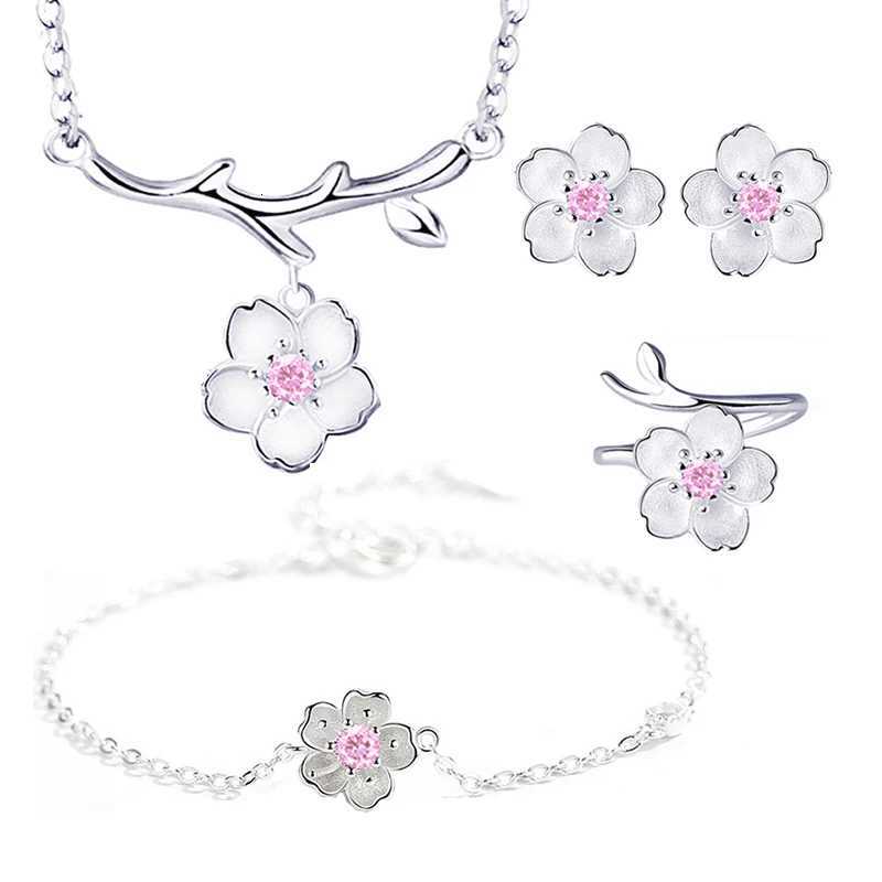 925 Sterling Silver Jewelry Sets Romantic Rose Flower Necklace+Earrings+Ring+Bracelet For Women X250718