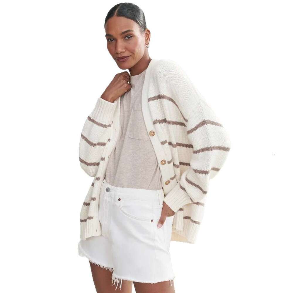 Knitted Autumn Winter New V-Neck Cardigan Pure Cotton Striped Sweater Women B5
