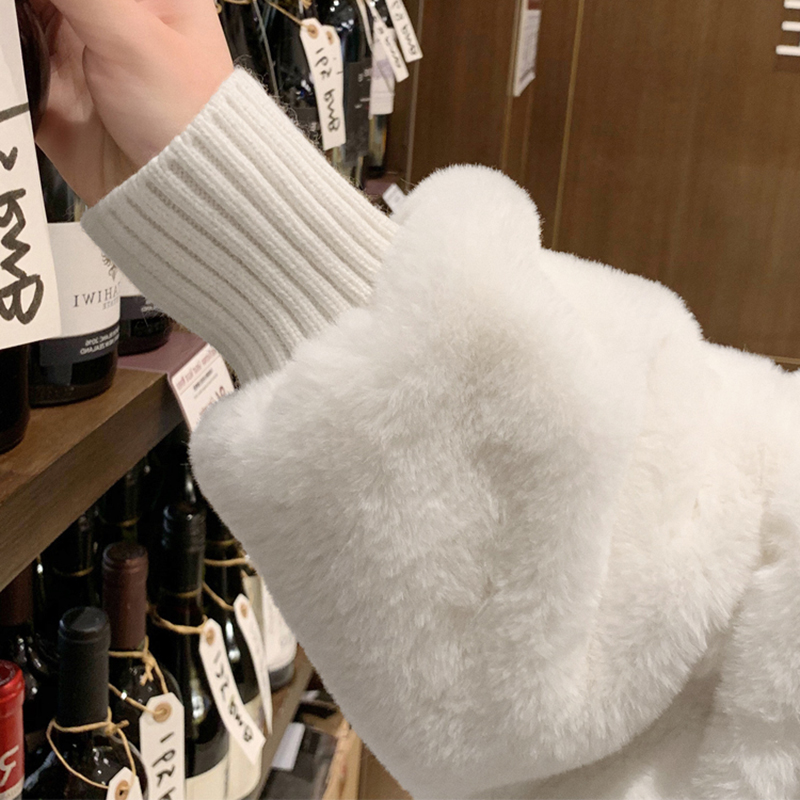 Nerazzurri Winter white oversized faux fur jacket women with hood raglan sleeve zipper Korean fashion clothing for womens