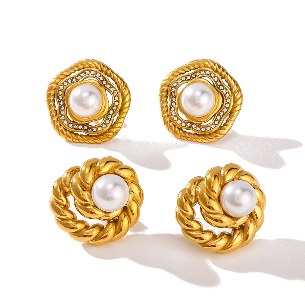 Designer Earrings for Women Fried Dough Twists Pearl Inlaid Stainless Steel Plated 18K Gold Geometric Exquisite Jewelry Wholesale