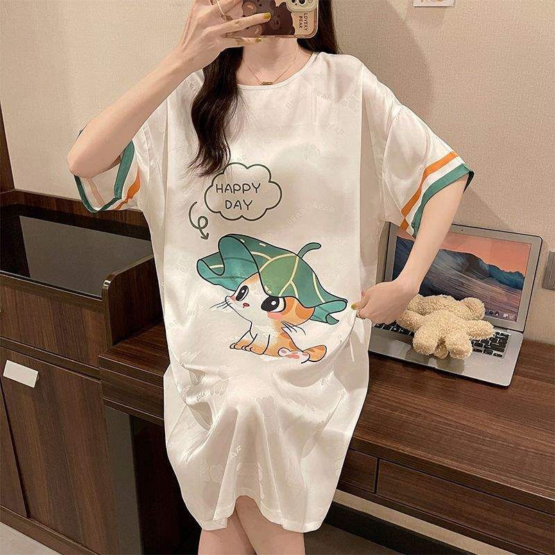 X202-Ice silk pajamas women's summer nightdress new cartoon large size thin short sleeves can be worn outside home clothes