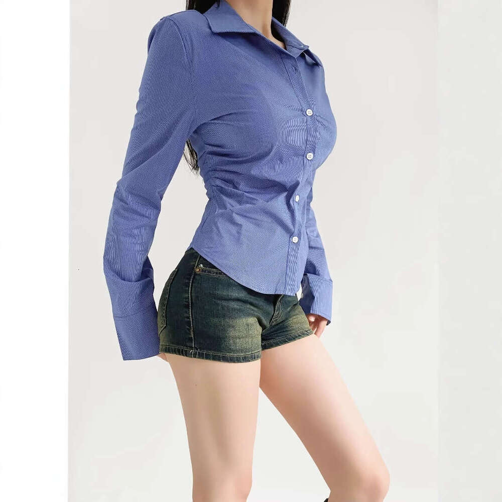 Fashionable Preppy Style Ruched Elegant Long Sleeve Shirt For Women Spring New Waist-Slimming Top Ins B5