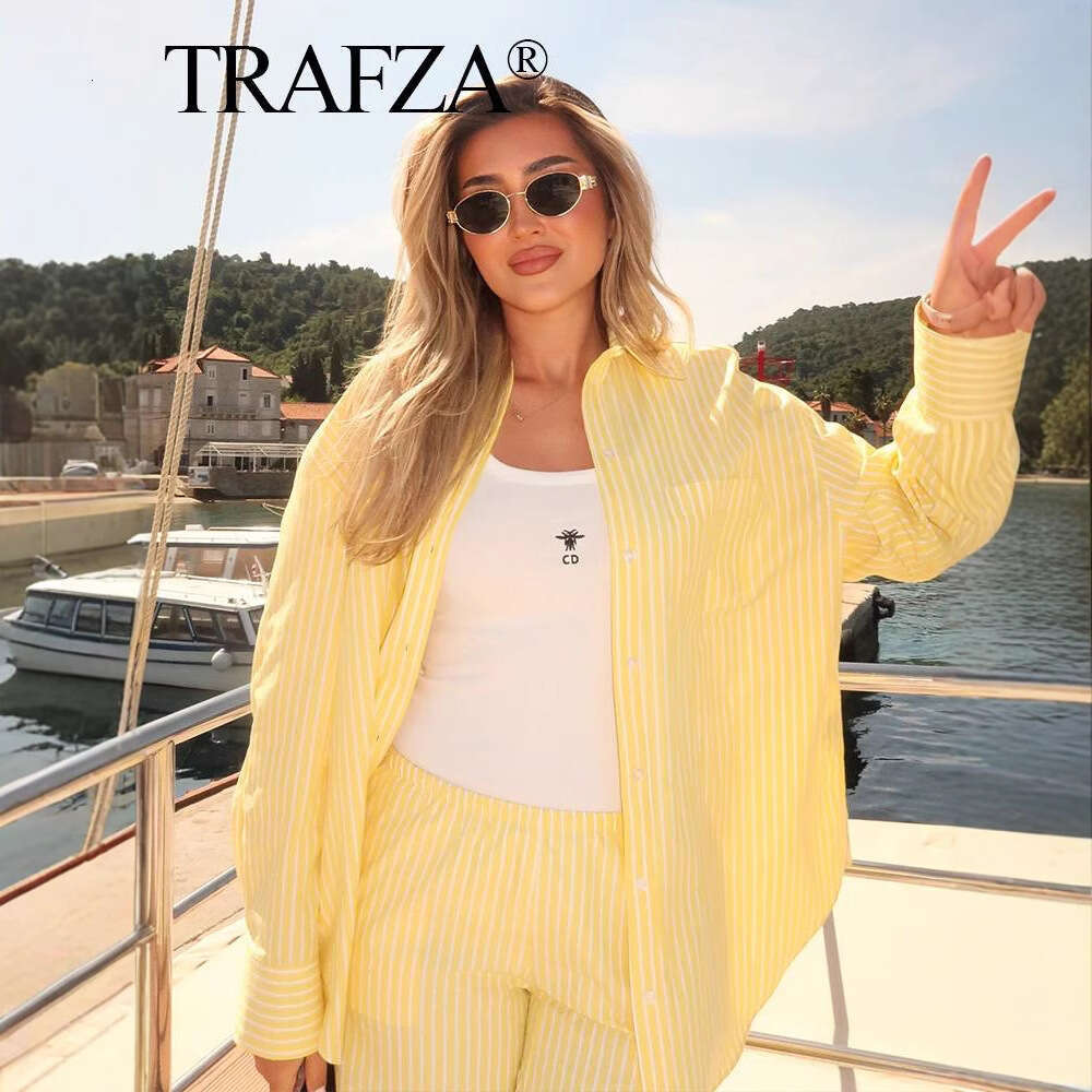 TRAFZA American Spring Summer New Striped Loose Shirt Pajama Style Long Pants Set B5