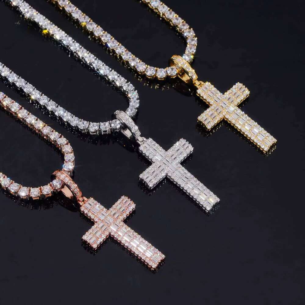 High-End Luxurious Baguette Sier Cross Men's Hip-Hop Moissanite Tennis Chain Pendant
