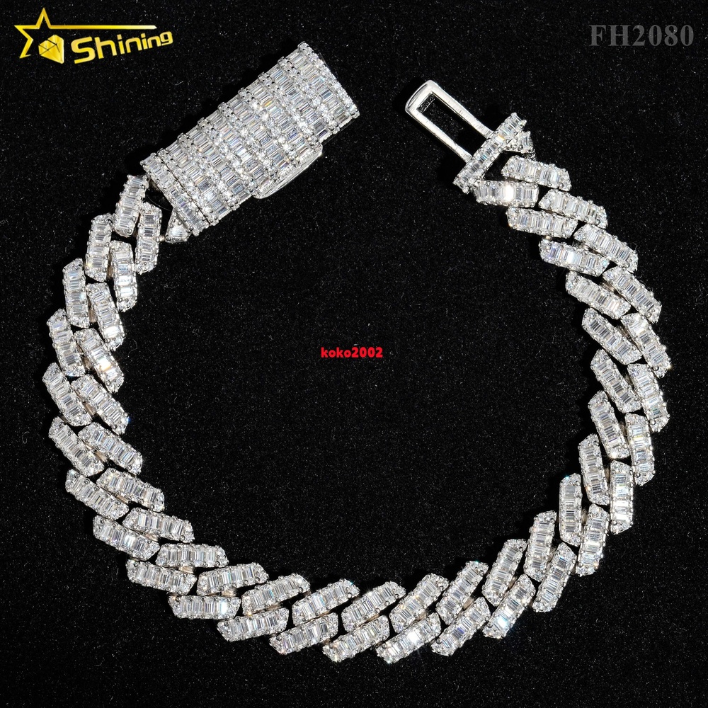 High Quality Luxury Bling Baguette Diamond 12MM 925 Sterling Silver Cuban Link Chain Moissanite Cuban Bracelet