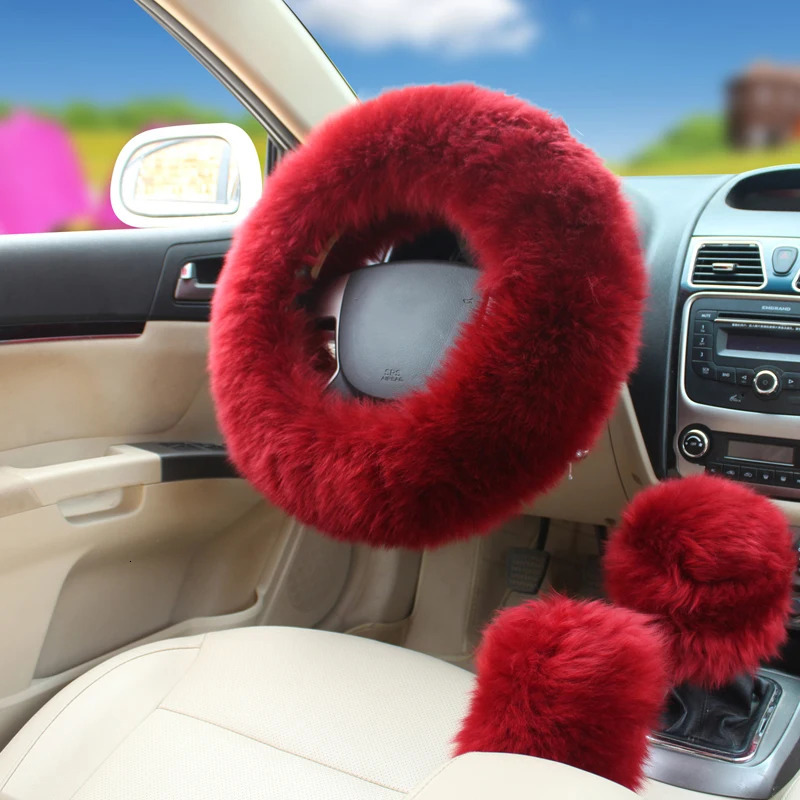 YESPLEASE 3pcsset Wool Winter Car Steering Wheel Cover Long Australian Wool Heated Fur Handbrake Gear Shifter Cover 250715