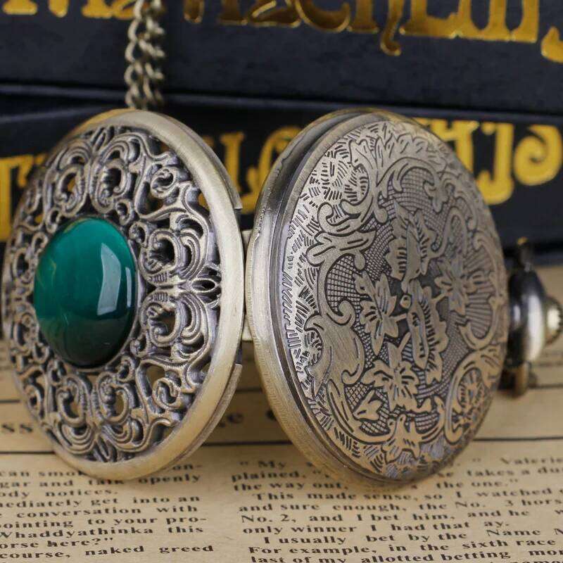 free shipping Vintage Arabic numerals face hollowed-out carving jade quartz pocket watch Bronze elegant style ladies gift clothing a