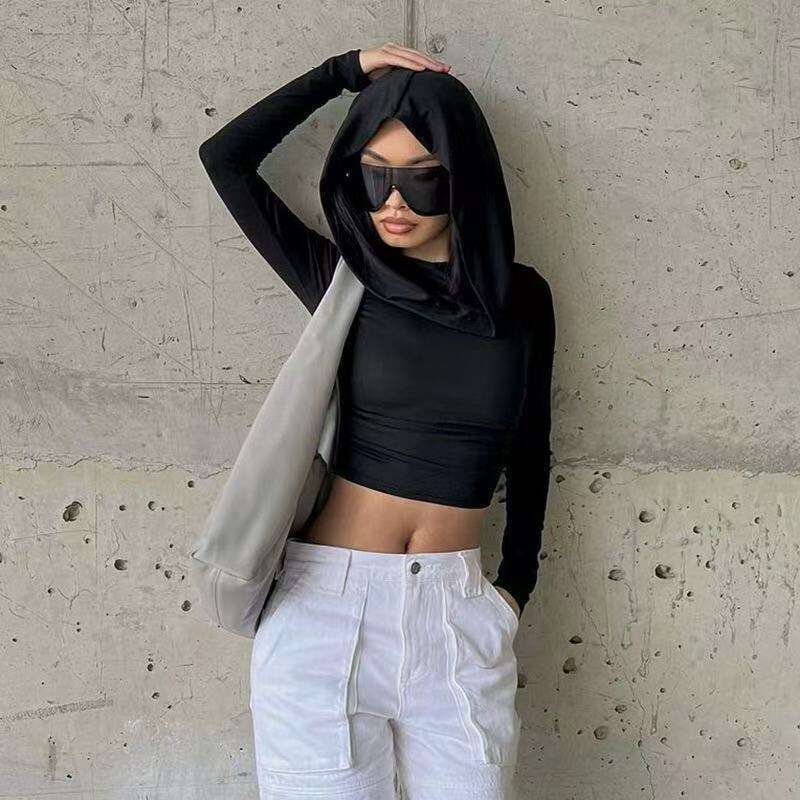 Autumn Basic Hooded Pile Collar Ruched Base Shirt Slim Fit Long Sleeve Cropped Solid Color Wasteland Style Top B5 g5