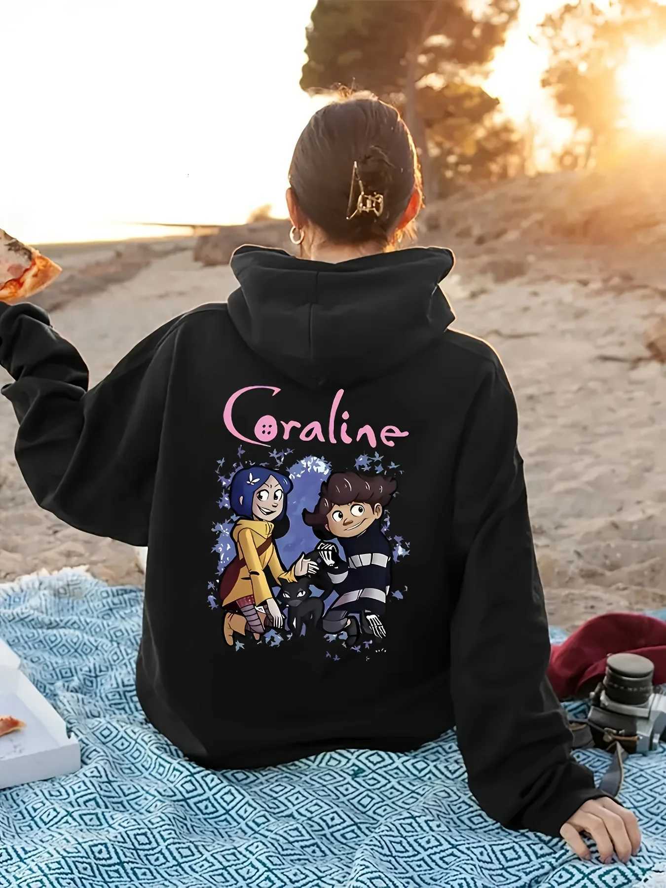 Womens Coraline Cartoon Print Hoodie Casual Polyester Pullover with Drawstring Knit Fashion Sweatshirt for All Seasons XJ250717
