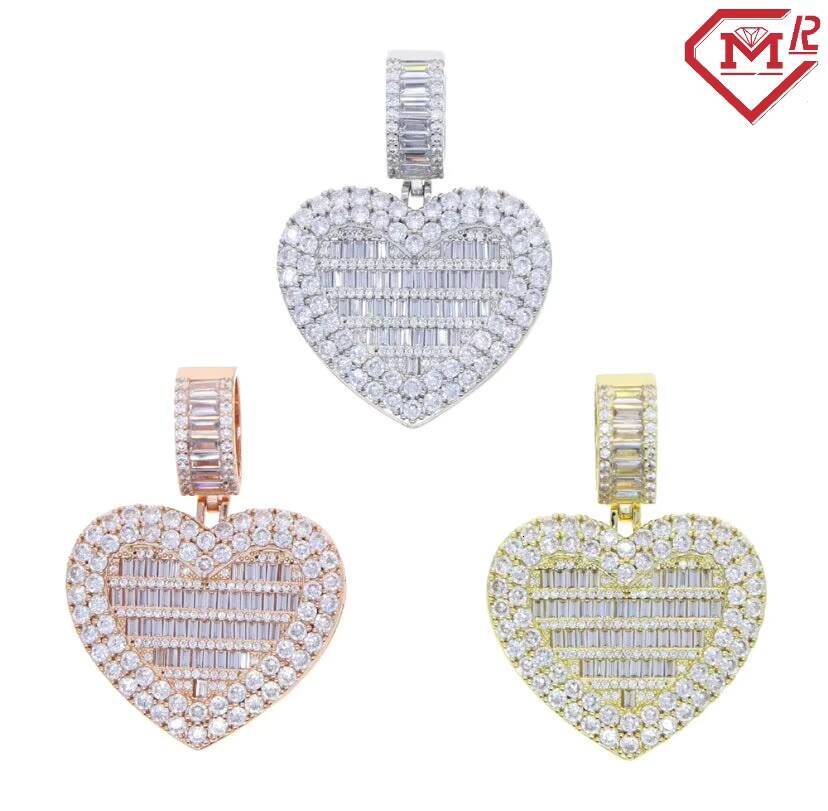 Vvs Iced Out Moissanite Pendant Custom Heart Baguette Hiphop Charm 925 Silver Moissanite Pendant