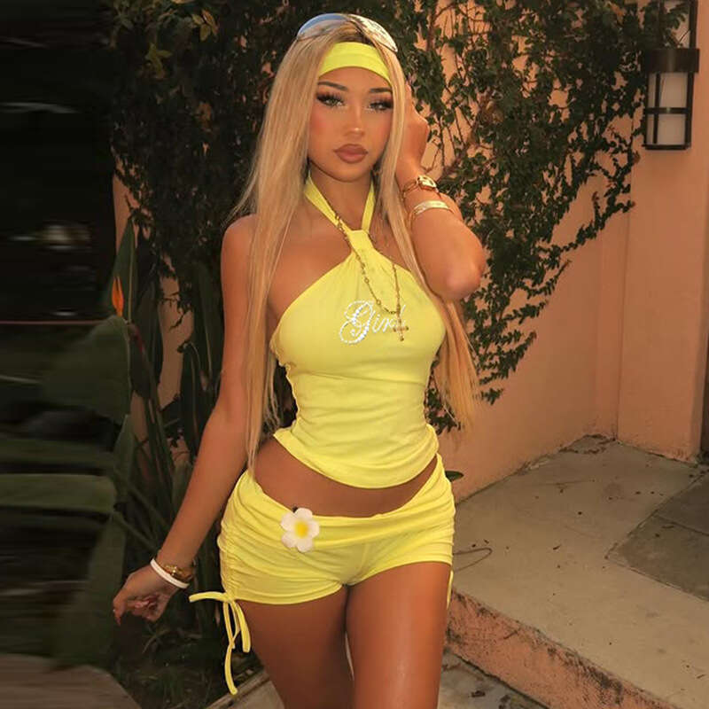 Women's Summer New Halter Neck Backless Rhinestone Vest Top Drawstring Ruched Shorts Two-Piece Set B5