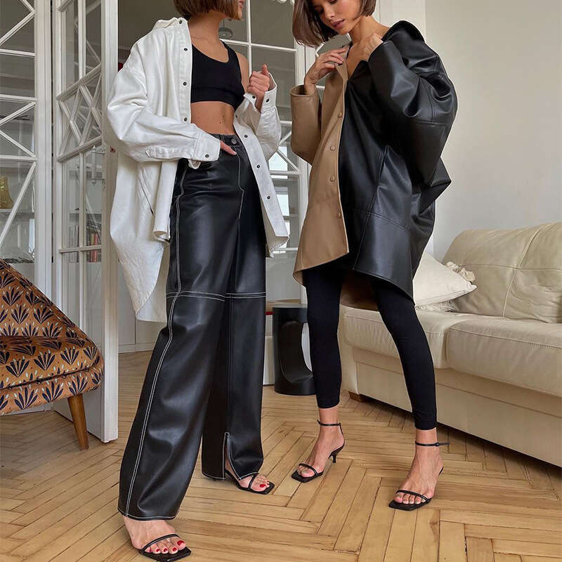 Autumn New Women's PU Leather High Waist Patchwork Slimming Straight Casual Long Pants Cool And Stylish B5