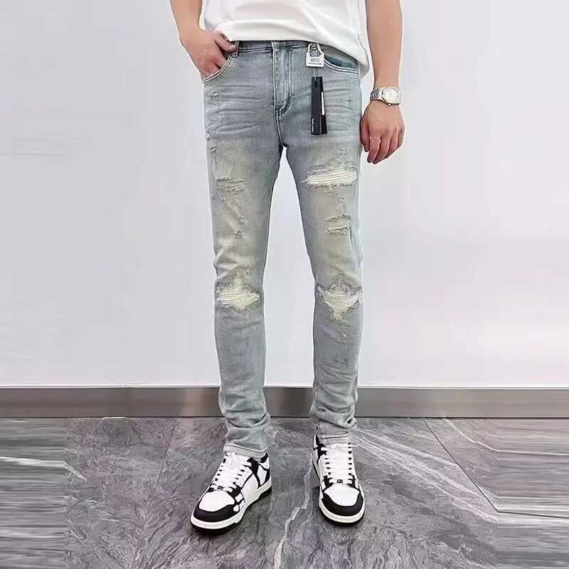 2025 Spring New Ripped Hole Denim Mens Pants Washing Light Blue Hip Hop Slim Fit Mens Trousers High Street Blue Beggar Jeans X250718