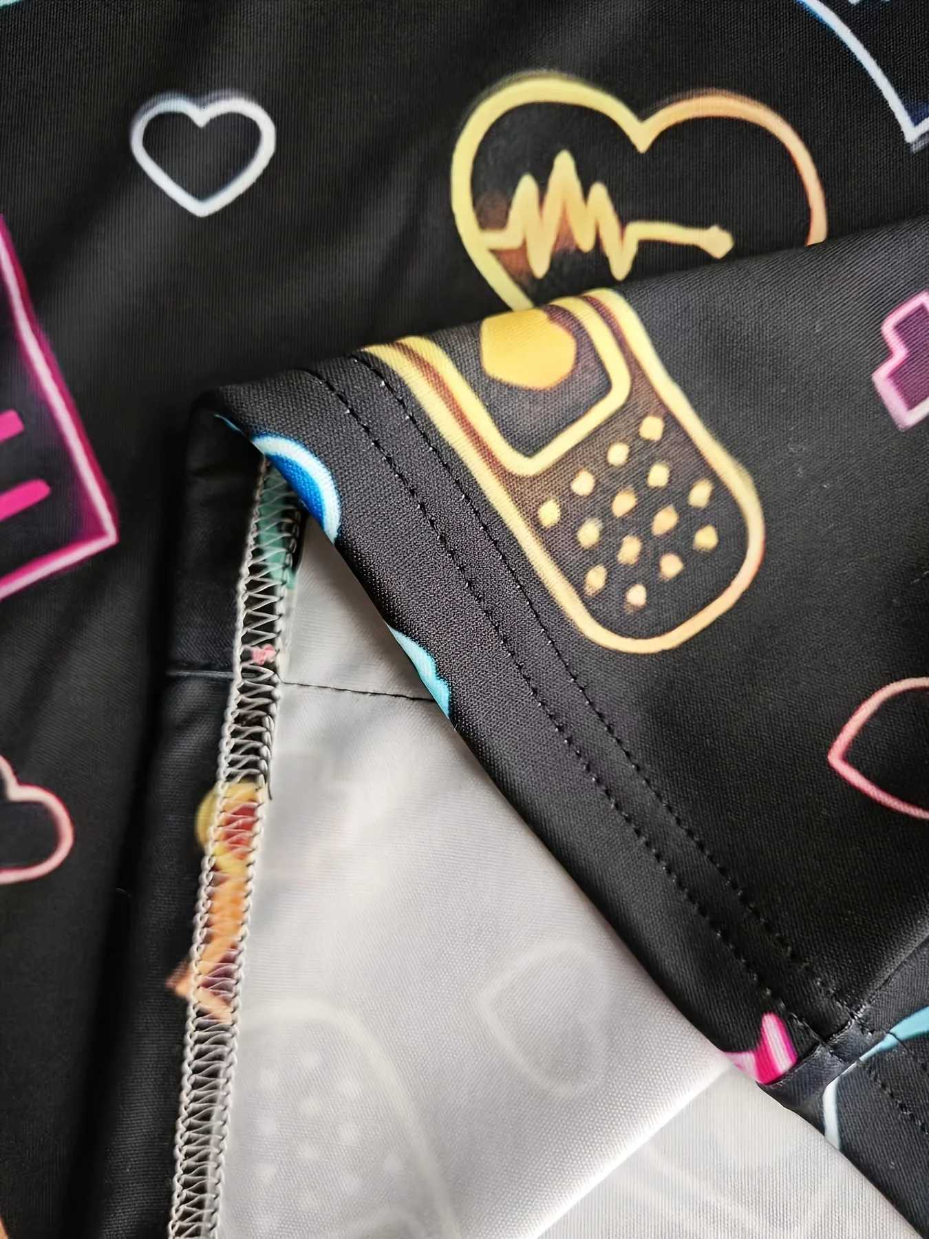 Surgical Uniforms Woman Heart Printed V-Neck Nurses Tops Short Sleeve Patch Pocket Medical Uniforms Surgical Uniforms Nursing Z250718