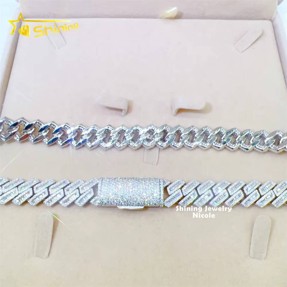 Fine Jewelry High Quality Bling 925 Silver 15mm Hip Hop Miami Iced Out Vvs Moissanite baguette Cuban Link Chain