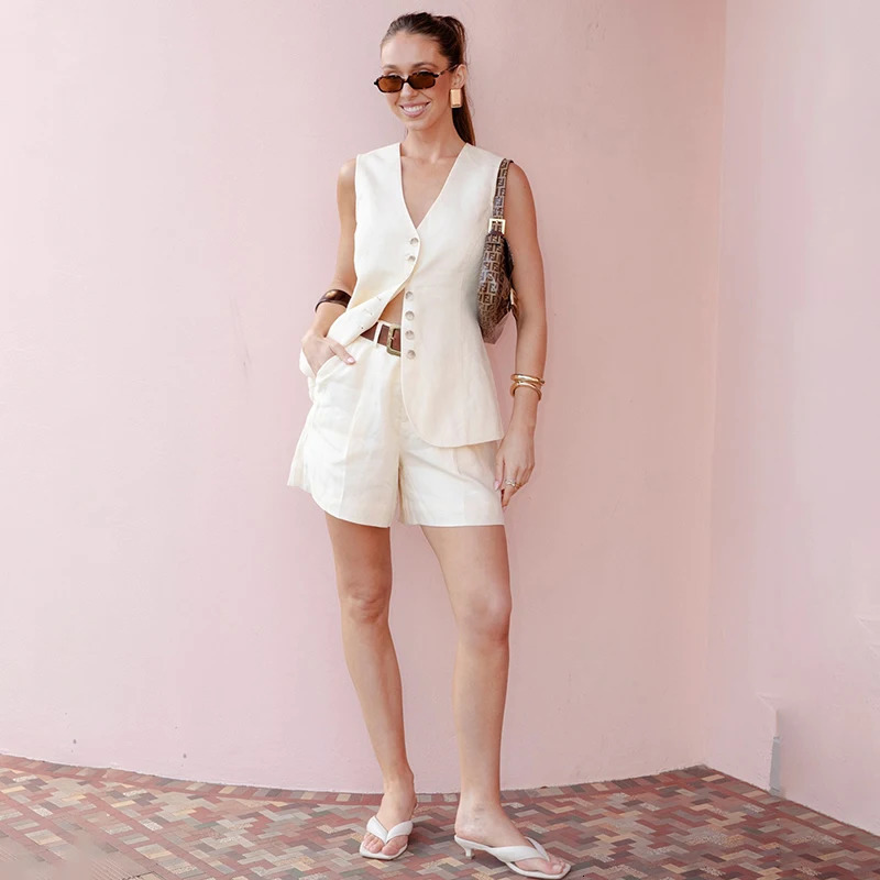 Tornova Cotton Linen Vest Shorts Suit 2025 Summer Commuting Sleeveless Loose Solid Casual For Women 250714