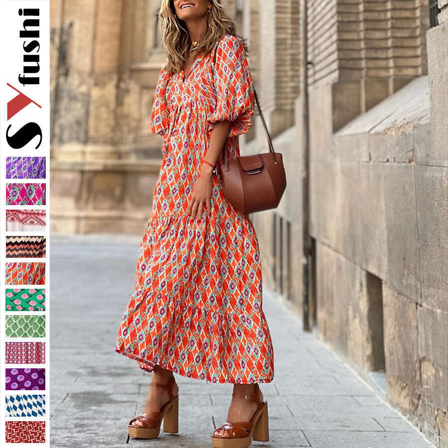 Plus Size Women's Loose Bohemian Round Neck Lantern Sleeve Sweet Girl Dress B5