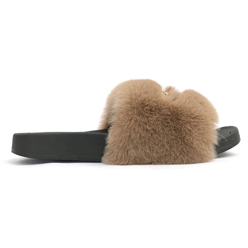 Fashion Women Furry Slippers Ladies Shoes Plush Rex Rabbit Fur Fluffy Sandals Womens Fur Slippers Winter Warm Slippers 250717