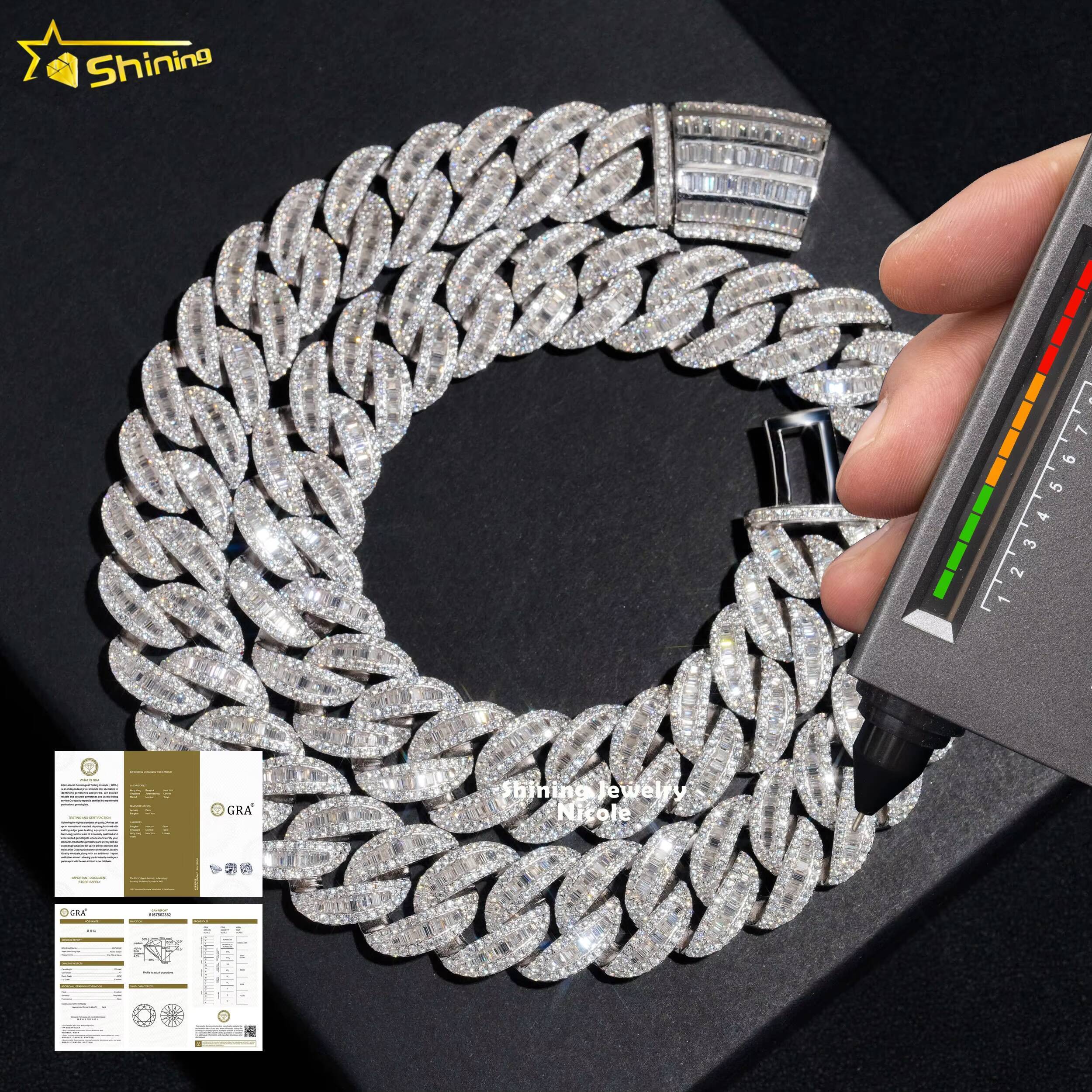 Luxury Hip Hop Style Baguette Diamond 19MM Miami Cuban Link Necklace 925 Sterling Silver Moissanite Cuban Chain