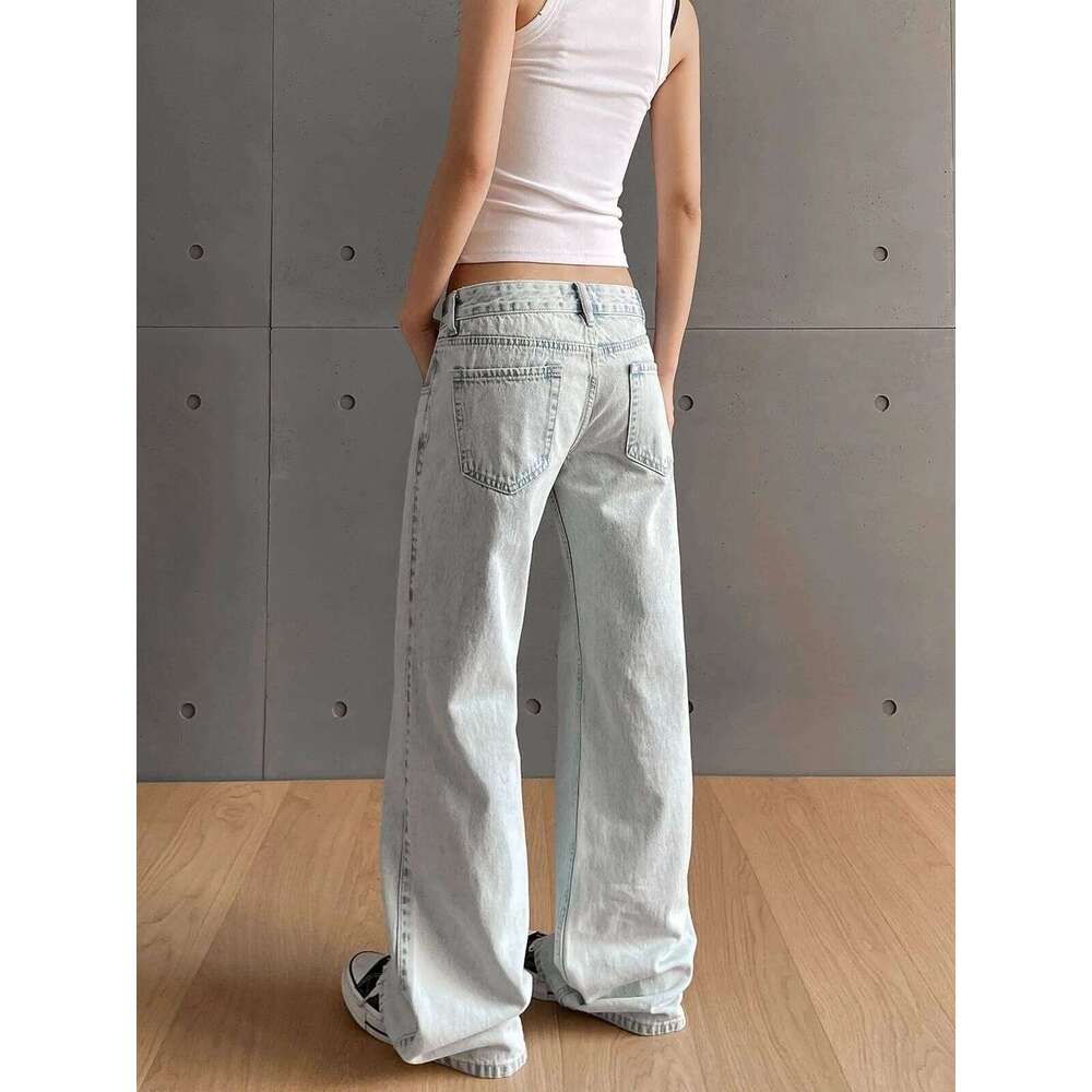 y2k Vintage Women Low Waist Zipper Button Solid Trousers with Pockets Aesthetic Streetwear Washed Jeans