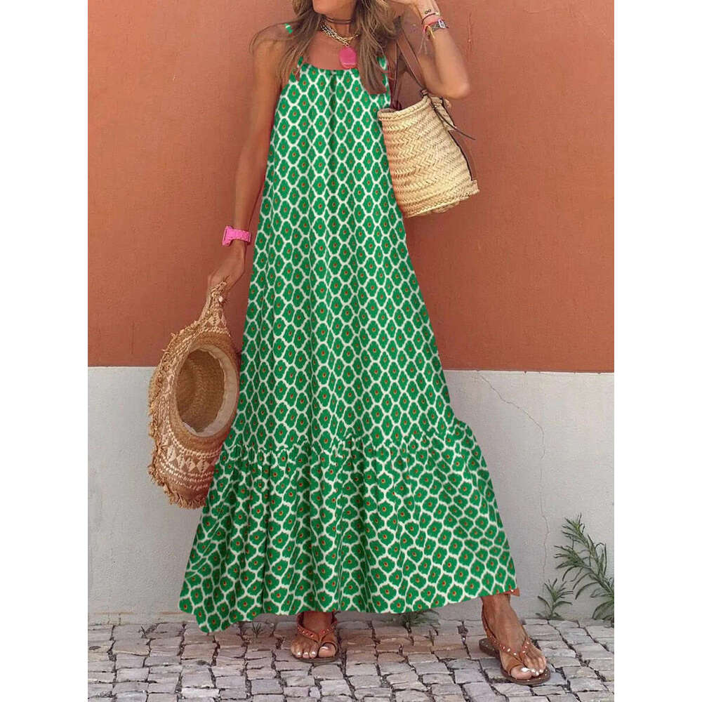 Summer New Bohemian Vacation Style Ruffled Edge Girl Print Strap V-Neck Loose Long Dress B5