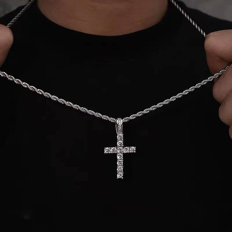 Ready to Ship Rope Chain 2mm---5mm Moissanite Cross Pendant 18K Gold Plated Necklace Men Women Christian Jewelry