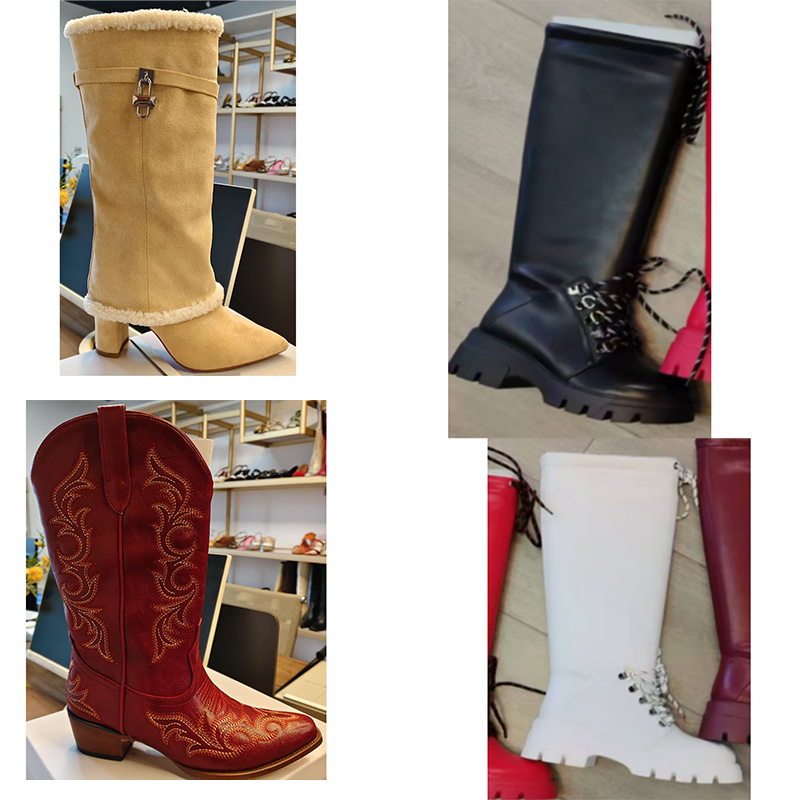 Pointed Toes Boots Warm Winter Boot Chunky High Heel Christmas Boots Wool Ladies Western Cowboy Boot Embroidery Knee High Boots Mid-Calf Fashion Shark