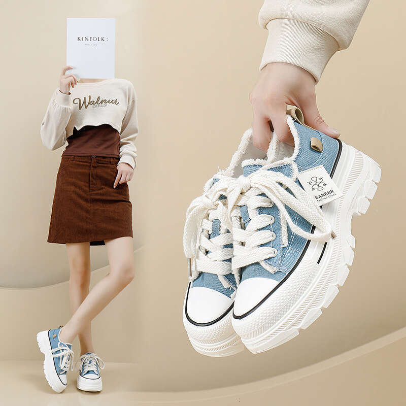 2025 Spring New Thick-Soled Canvas Free shipping for Women Round Toe Tassel Denim Student Casual Shoes Height Increasing Sneakers 606