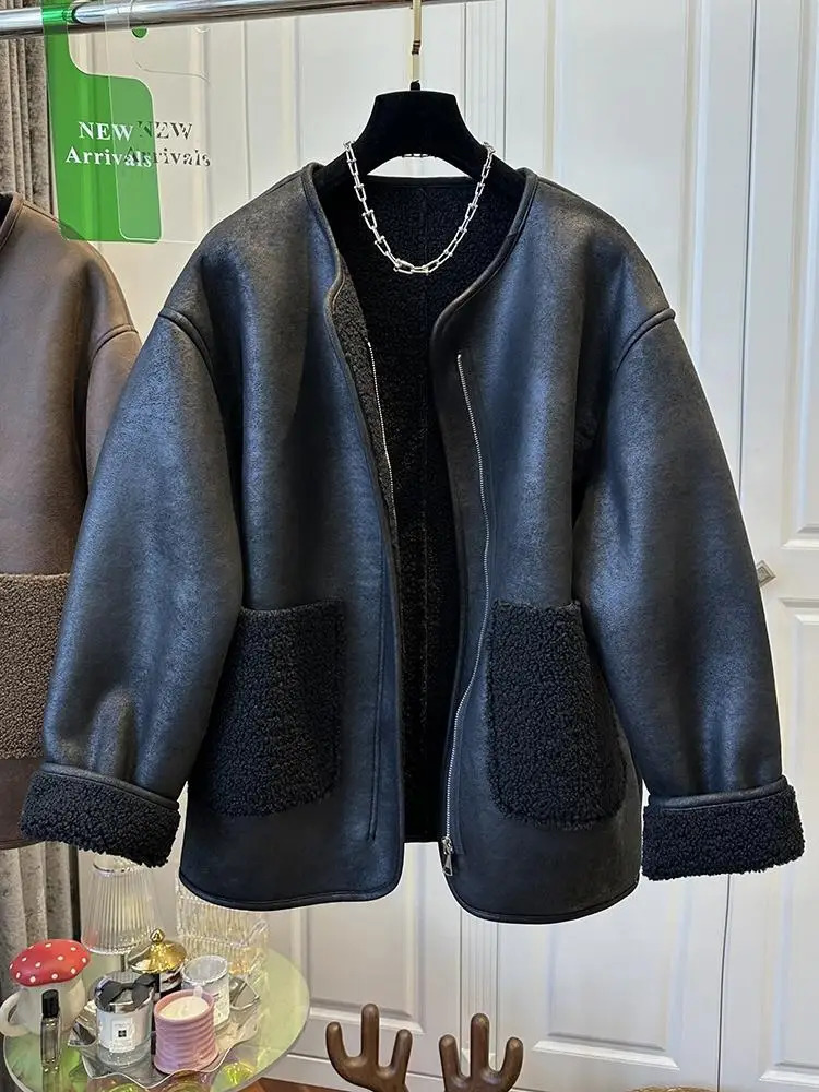 Womens Jacket Winter Warm Thicken Retro Coat Fashion Casual Loose Vintage Women Coats Round Neck Outerwears 250715