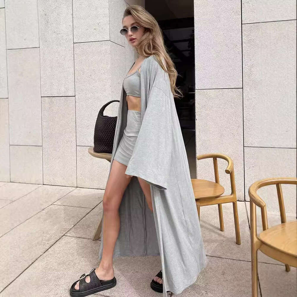 Ins Style Loose Long Cardigan For Women With Camisole And Short Skirt Three-Piece Set B5