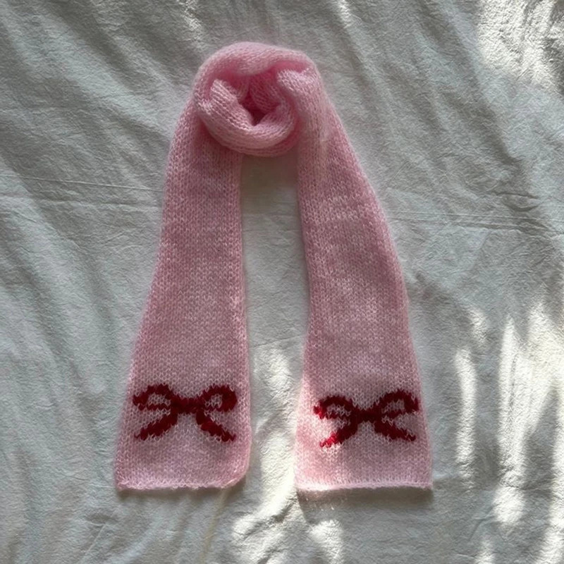 Japanese Kawaii Knitted Scarf Bowknot Pattern Soft Warm Scarf Y2k Fairy Aesthetic Clothing Accessories Winter Neck Warmer Scarf 250717