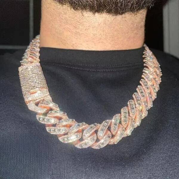 20mm Baguette Miami Cuban Link Chain VVs Moissanite Diamond 925 Sterling Silver Rose Gold Plated 18-24 Necklace