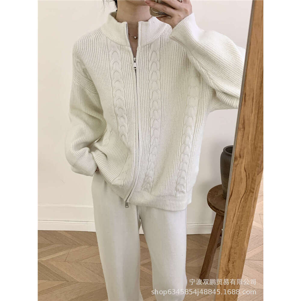 Autumn Winter New Loose Knitted Suit For Women With Zipper Cardigan Sweater + Wide-Leg Pants B5